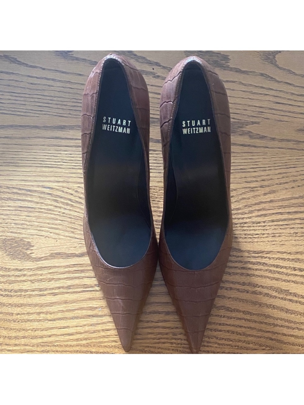 Stuart Weitzman Brown Croc Embossed Leather Pointed-Toe Pumps